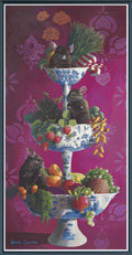 Three chinchillas on a three-tiered fruit and vegetable stand with a decorative background