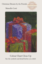 Christmas Dreams by the Fireside cross stitch colour chart close-up by Sunflower Stitches showing a detailed preview of the wrapped presents and chart symbols.