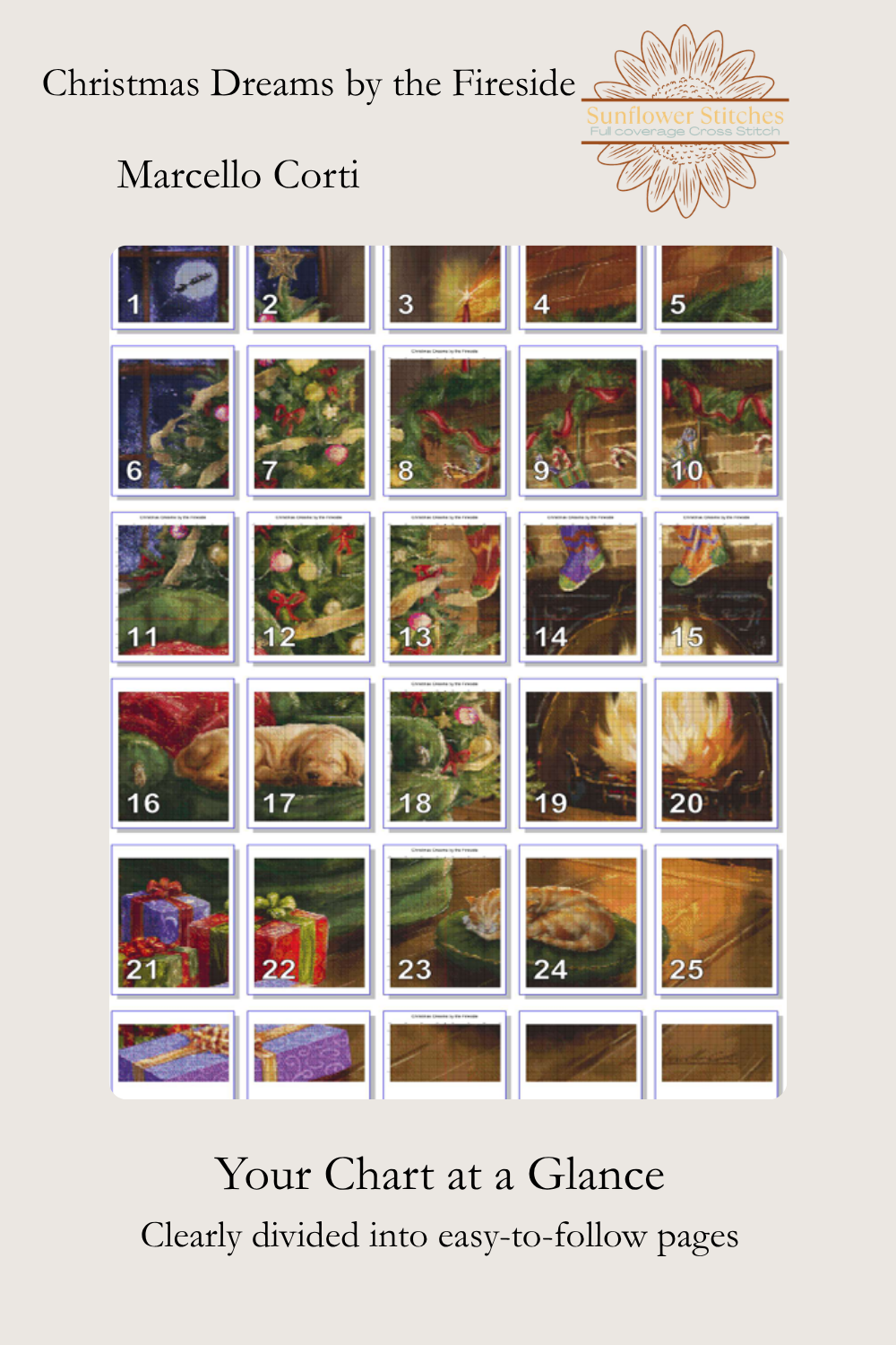 Christmas Dreams by the Fireside 2-page map graphic by Sunflower Stitches illustrating the multi-page layout and grid organisation for the PDF chart.