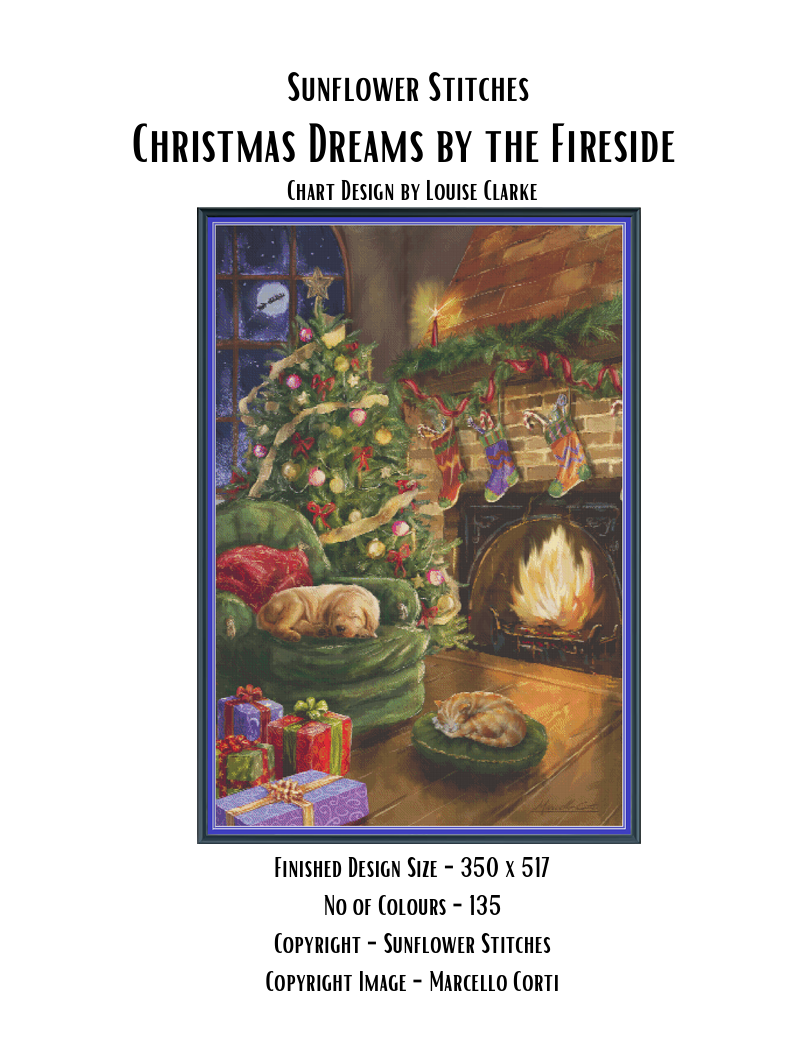 Christmas Dreams by the Fireside cross stitch pattern cover image featuring a sleeping dog and cat beside a Christmas tree and glowing fireplace, by Sunflower Stitches.