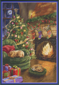 Christmas Dreams by the Fireside cross stitch pattern cover image featuring a sleeping dog and cat beside a Christmas tree and glowing fireplace, by Sunflower Stitches.