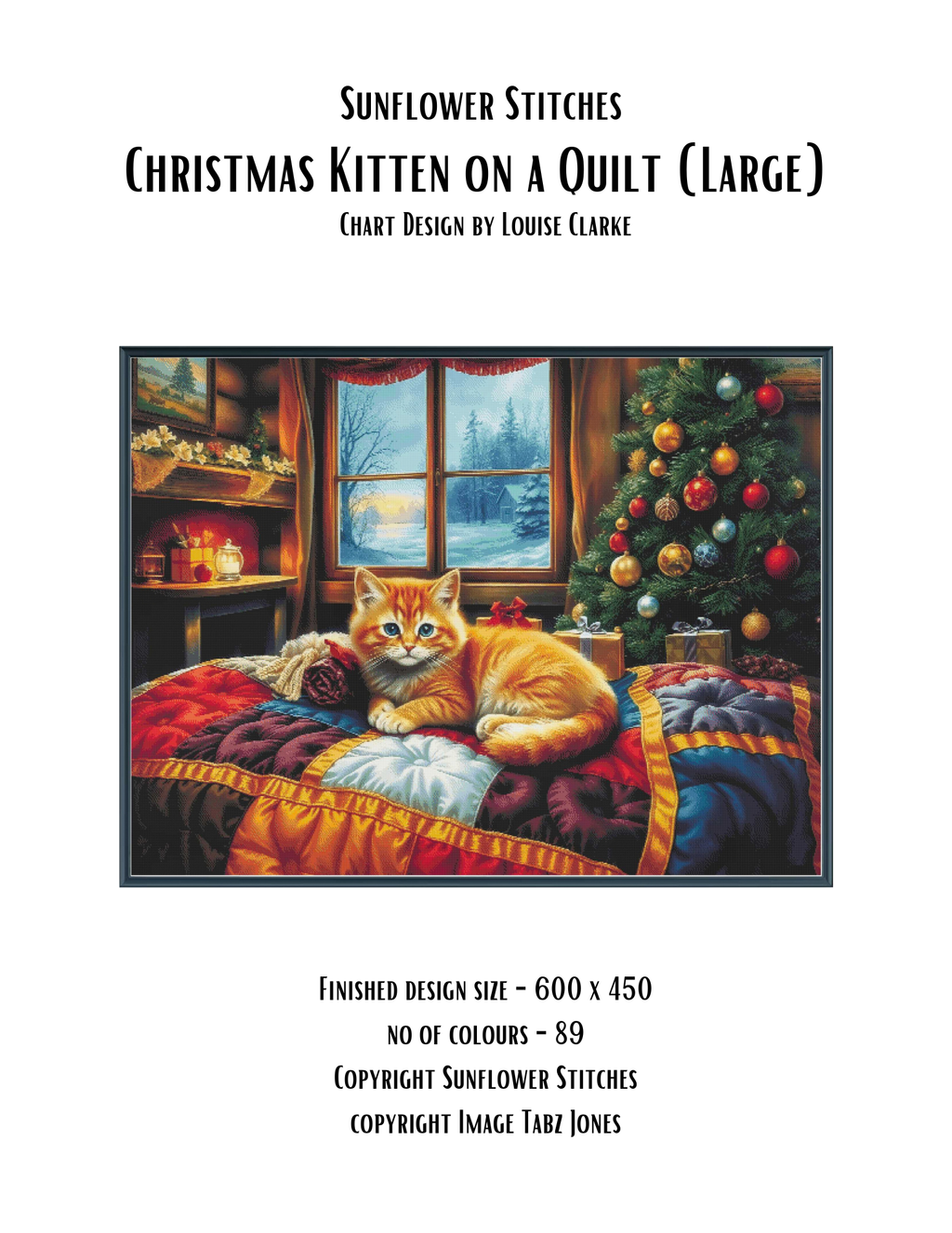 Chart cover for 'Sunflower Stitches Christmas Kitten on a Quilt (Large)' showing a painted scene of an orange kitten resting on a quilted bed in a cozy room with a Christmas tree and window view of snow outside. Text includes chart design by Louise Clarke and finished design size 600 x 450.