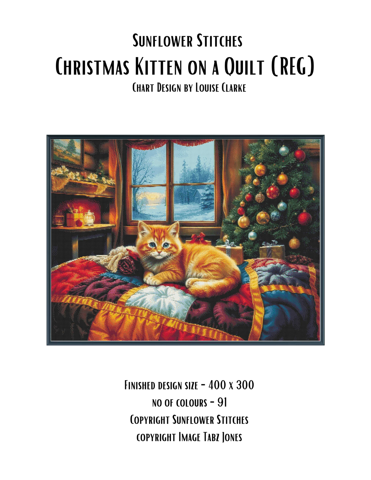 Chart cover for 'Sunflower Stitches Christmas Kitten on a Quilt (REG.)' showing a central illustrated scene of an orange kitten resting on a quilt beside a decorated Christmas tree, with title and design credits on a white background.