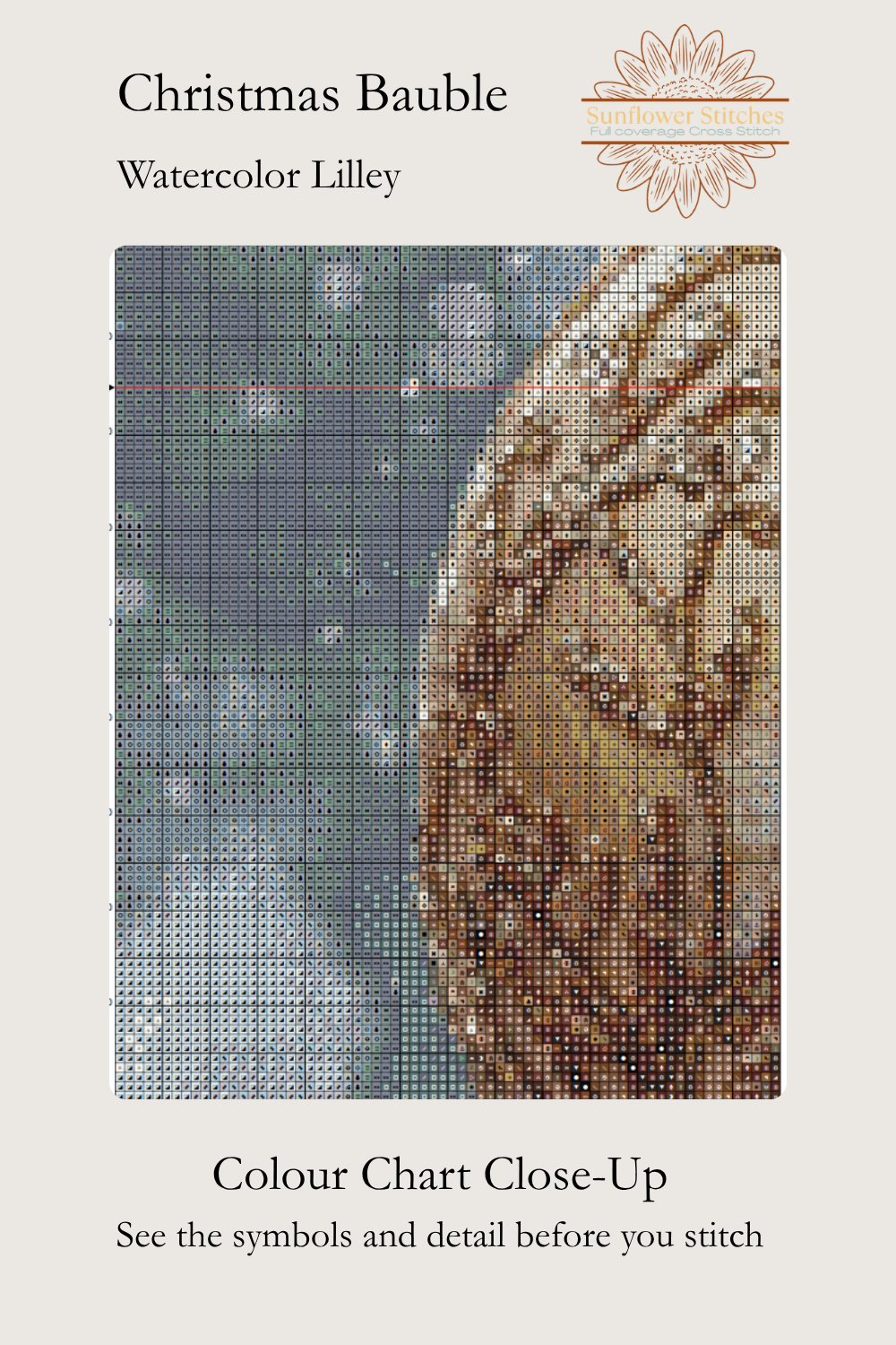 Close-up preview of the Christmas Bauble cross-stitch pattern chart by Sunflower Stitches, showing pattern symbols and a detailed section of the watercolor design with snowflakes and an ornament.