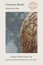 Close-up preview of the Christmas Bauble cross-stitch pattern chart by Sunflower Stitches, showing pattern symbols and a detailed section of the watercolor design with snowflakes and an ornament.