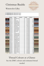 DMC thread color chart and symbol reference for the Christmas Bauble cross-stitch pattern by Sunflower Stitches, featuring a numbered list of thread colors, strand counts, stitch counts, and a color-coded symbol grid on a light beige background.