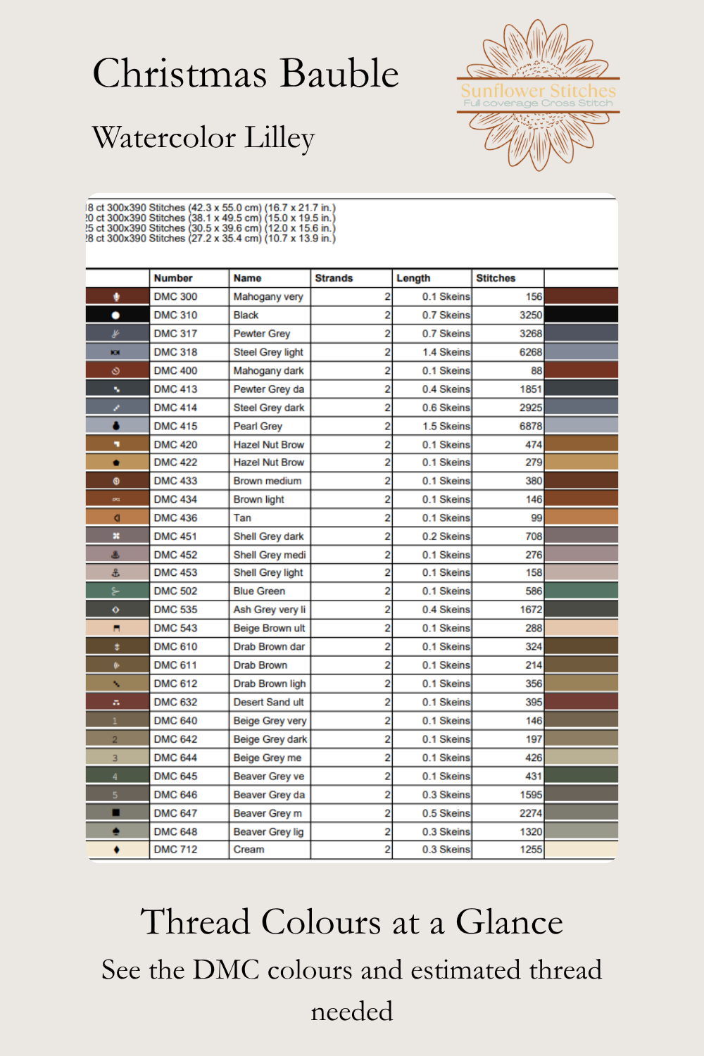 A DMC watercolor thread color chart titled 'Christmas Bauble' on a light beige background. The chart includes a list of thread colors with numbers, names, strands, length, stitches, and a color-coded table.