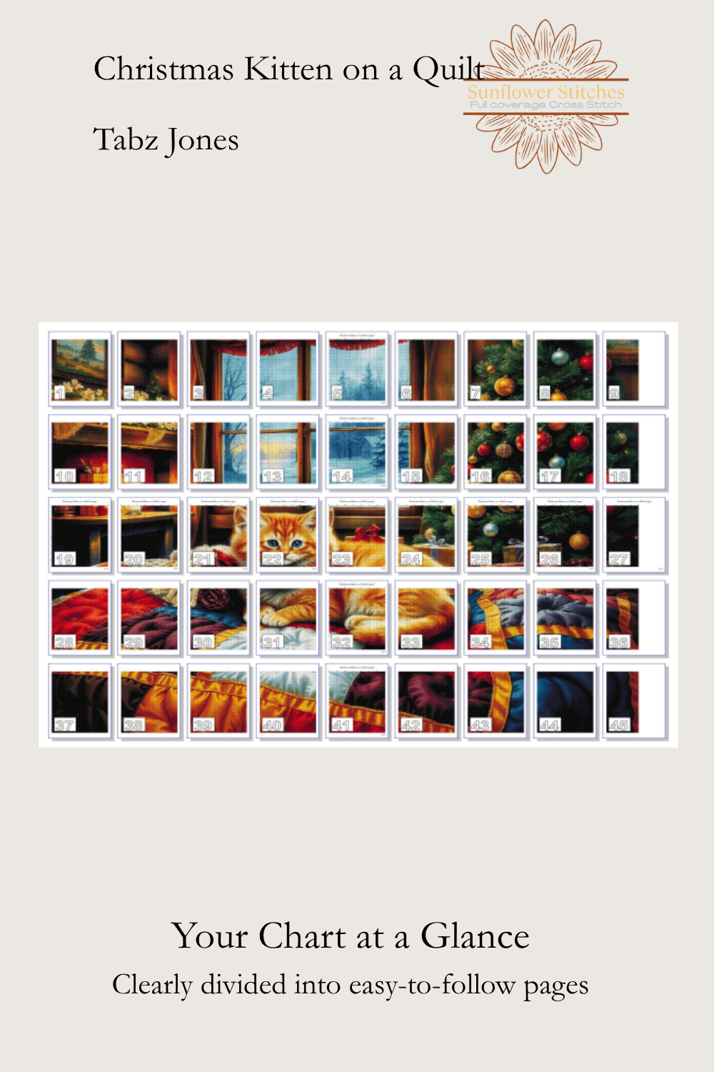 A product cover for a cross stitch chart titled 'Christmas Kitten on a Quilt' by Tabz Jones, showing a grid of small cross stitch pattern thumbnails and text reading 'Your Chart at a Glance' on a light beige background.
