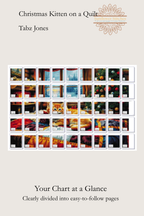A product cover for a cross stitch chart titled 'Christmas Kitten on a Quilt' by Tabz Jones, showing a grid of small cross stitch pattern thumbnails and text reading 'Your Chart at a Glance' on a light beige background.