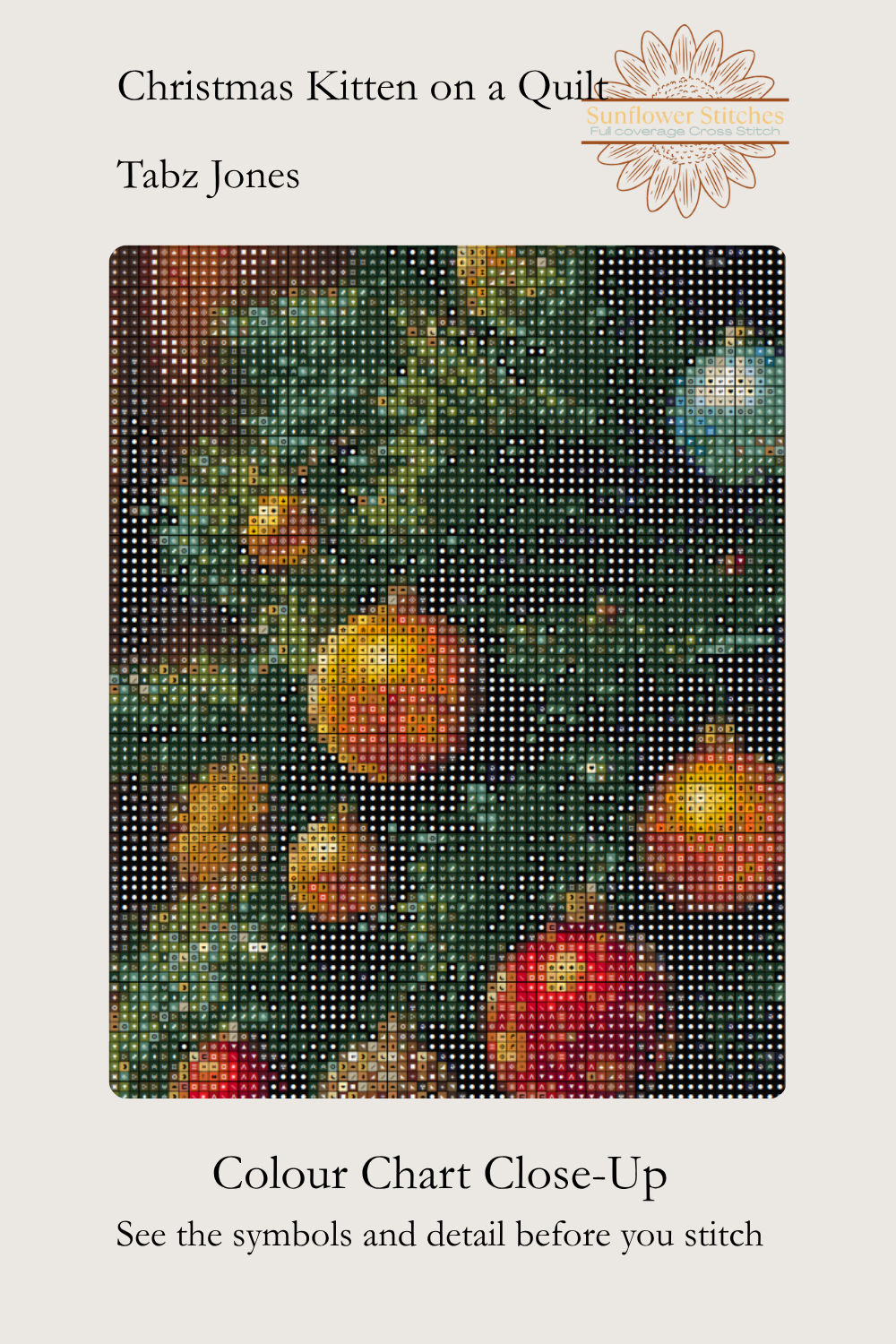 A close-up color chart from a diamond painting or cross-stitch pattern booklet, titled 'Christmas Kitten on a Quilt' by Tabz Jones. The chart shows a pixelated mosaic of a Christmas tree with green needles, warm yellow and orange ornaments, and a small blue ornament, on a light beige background with text and a floral logo.