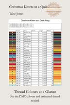 A printed informational sheet titled 'Christmas Kitten on a Quilt' by Tabz Jones, showing a color chart of quilt threads with names, brands, lengths, and stitch counts, plus text reading 'Thread Colours at a Glance' and a DMC logo.