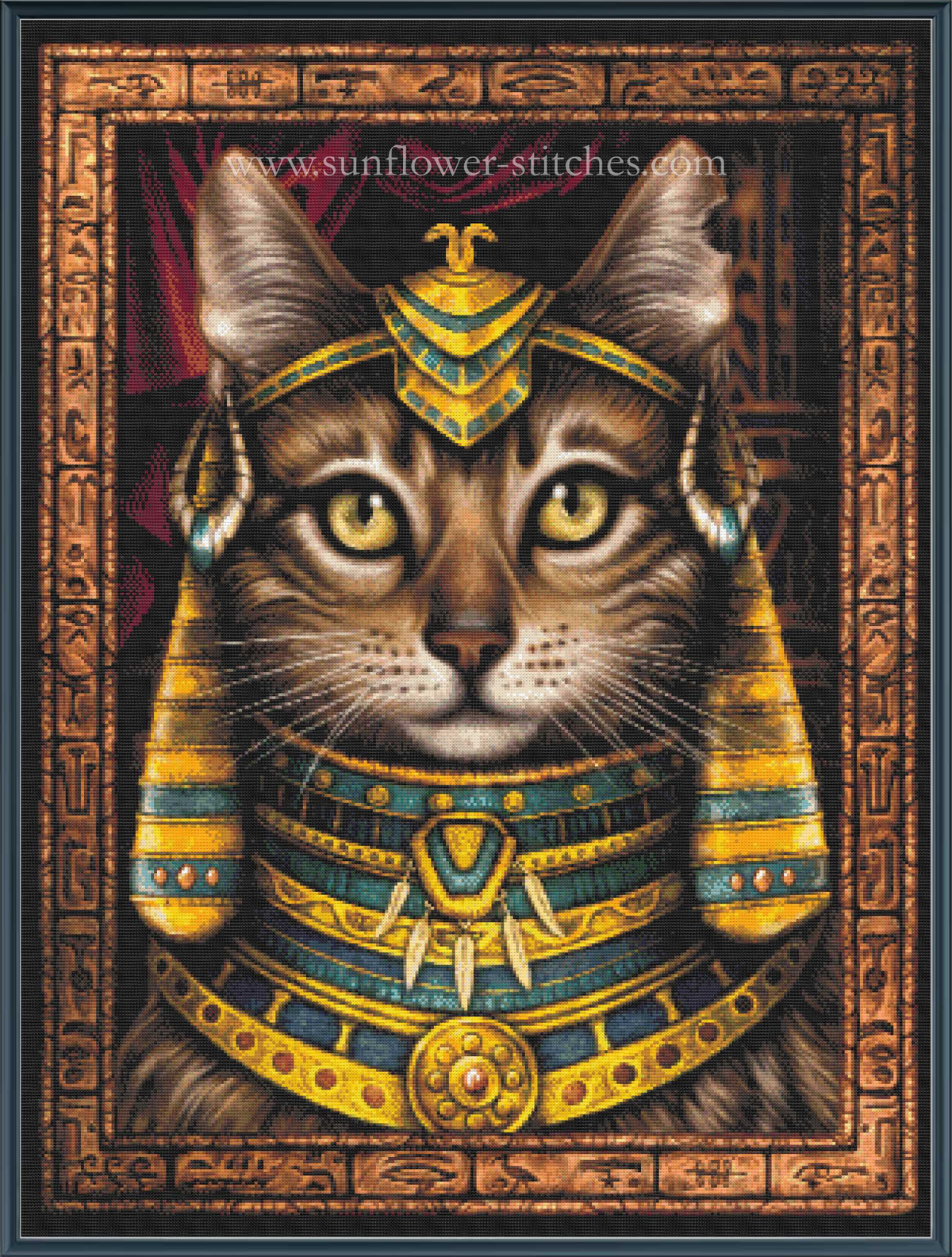 An Egyptian-themed cat portrait artwork featuring a tabby cat in ornate gold and blue jewellery with hieroglyphic borders around the frame. 