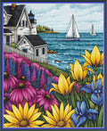 A colorful coastal landscape artwork showing a white seaside house with a lighthouse, blue water, sailboats, and large yellow, pink, and blue flowers in the foreground.