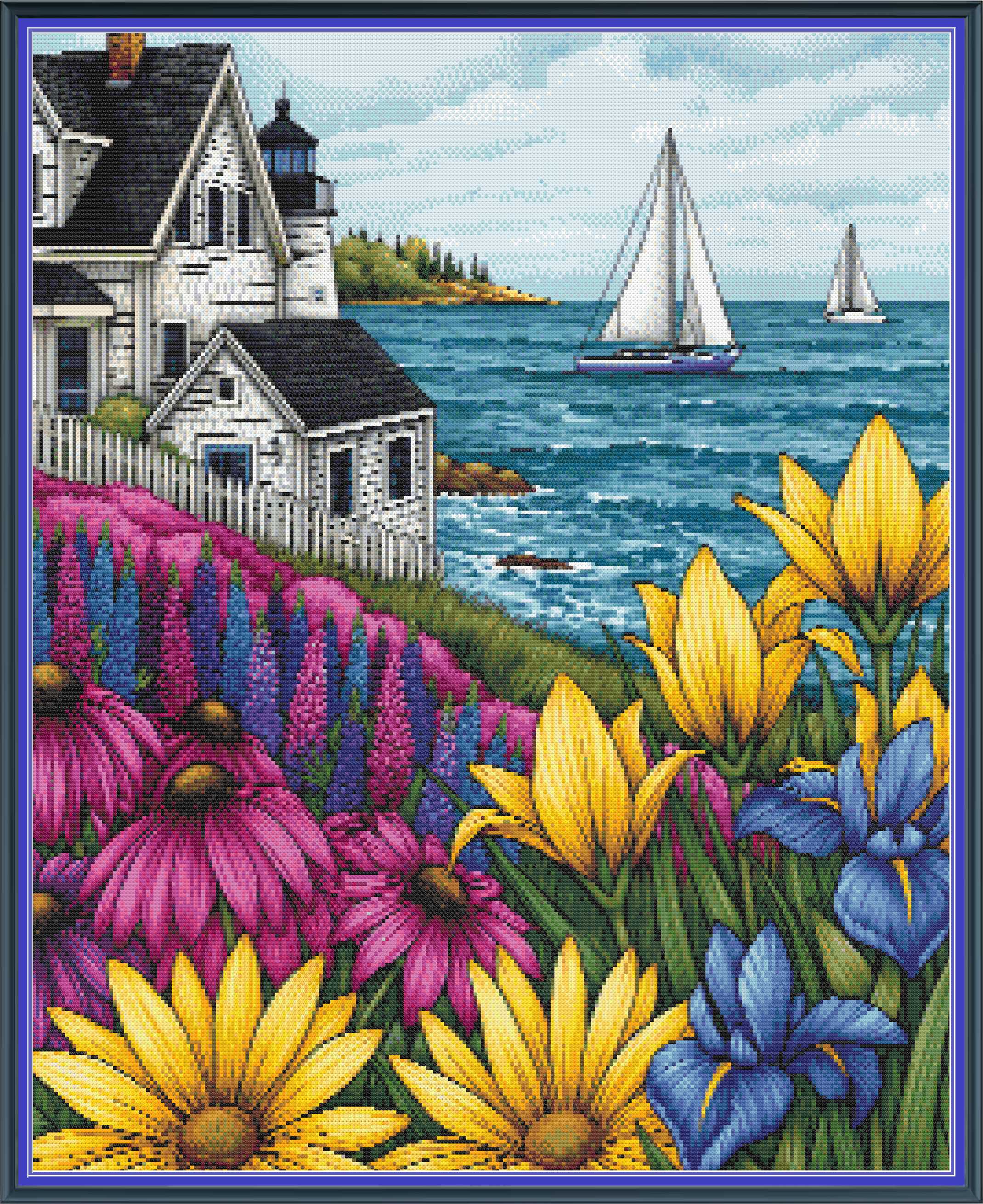 A colorful coastal landscape artwork showing a white seaside house with a lighthouse, blue water, sailboats, and large yellow, pink, and blue flowers in the foreground.