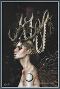 Fantasy cross stitch of a woman in profile with pale skin, a crescent moon symbol on her chest, and a large antler-like headdress made from white teeth and dark branches, set against a dark background with a blue border.