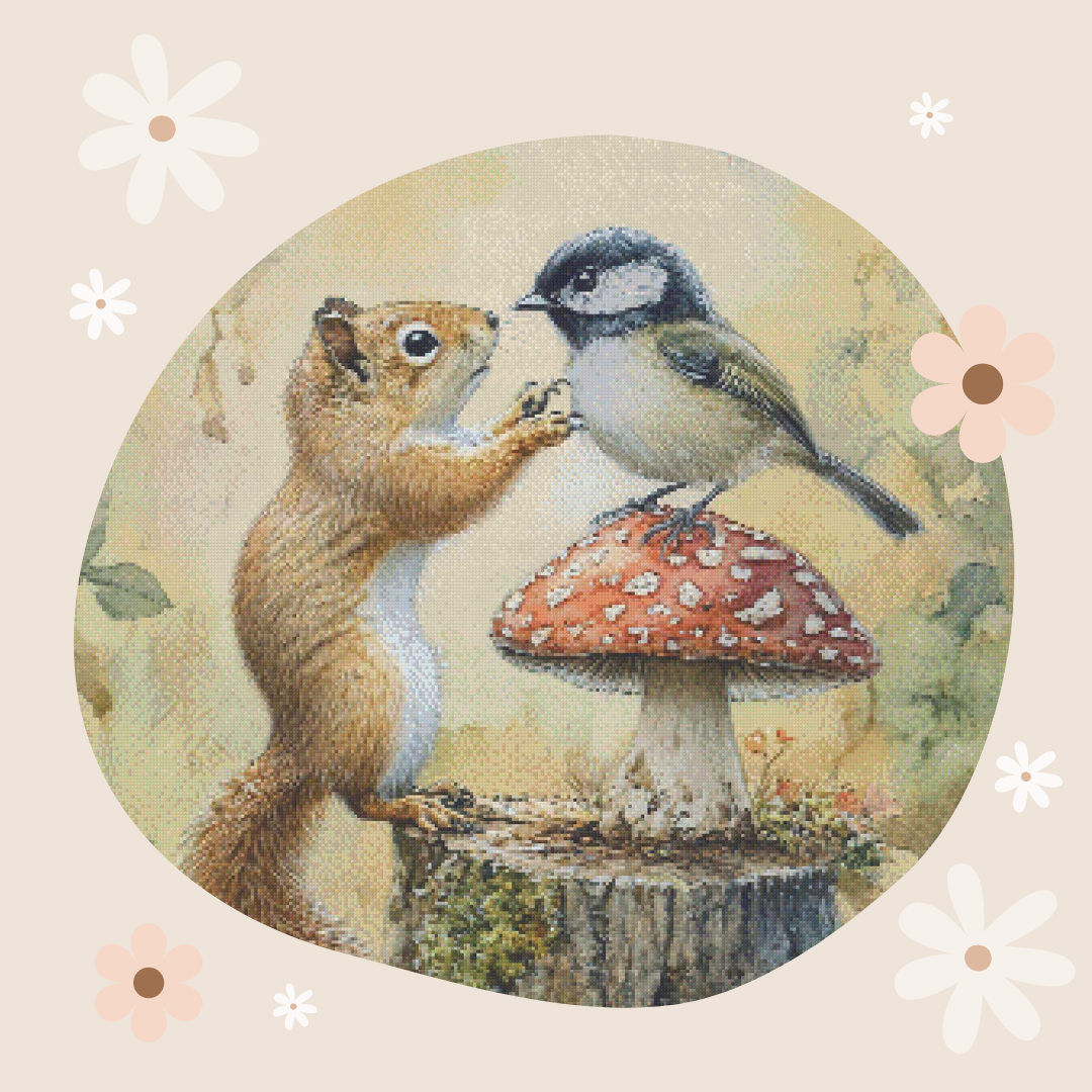A vintage-style illustration of a brown squirrel standing on a tree stump and reaching toward a small bird perched on a red-and-white mushroom, centered within a beige circular frame with decorative white and pink flowers around the border.