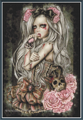 Gothic doll cross stitch featuring a pale-skinned girl with long white hair, pink roses in her hair, a black bow, a skull, and pink roses, framed by a dark textured border 