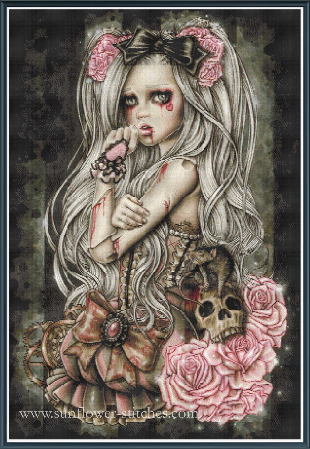 Gothic doll cross stitch featuring a pale-skinned girl with long white hair, pink roses in her hair, a black bow, a skull, and pink roses, framed by a dark textured border 