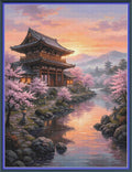 A framed-style scenic artwork showing a traditional Japanese pagoda beside a river with pink cherry blossoms, rocks, mountains, and a sunset sky. The scene fills most of the image and appears to be the product itself rather than a photo of a physical object in a room.