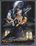Gothic fantasy cross stitch of a woman in a black dress holding a skull, with a ghost, a crow, and autumn leaves in a dark moody scene.