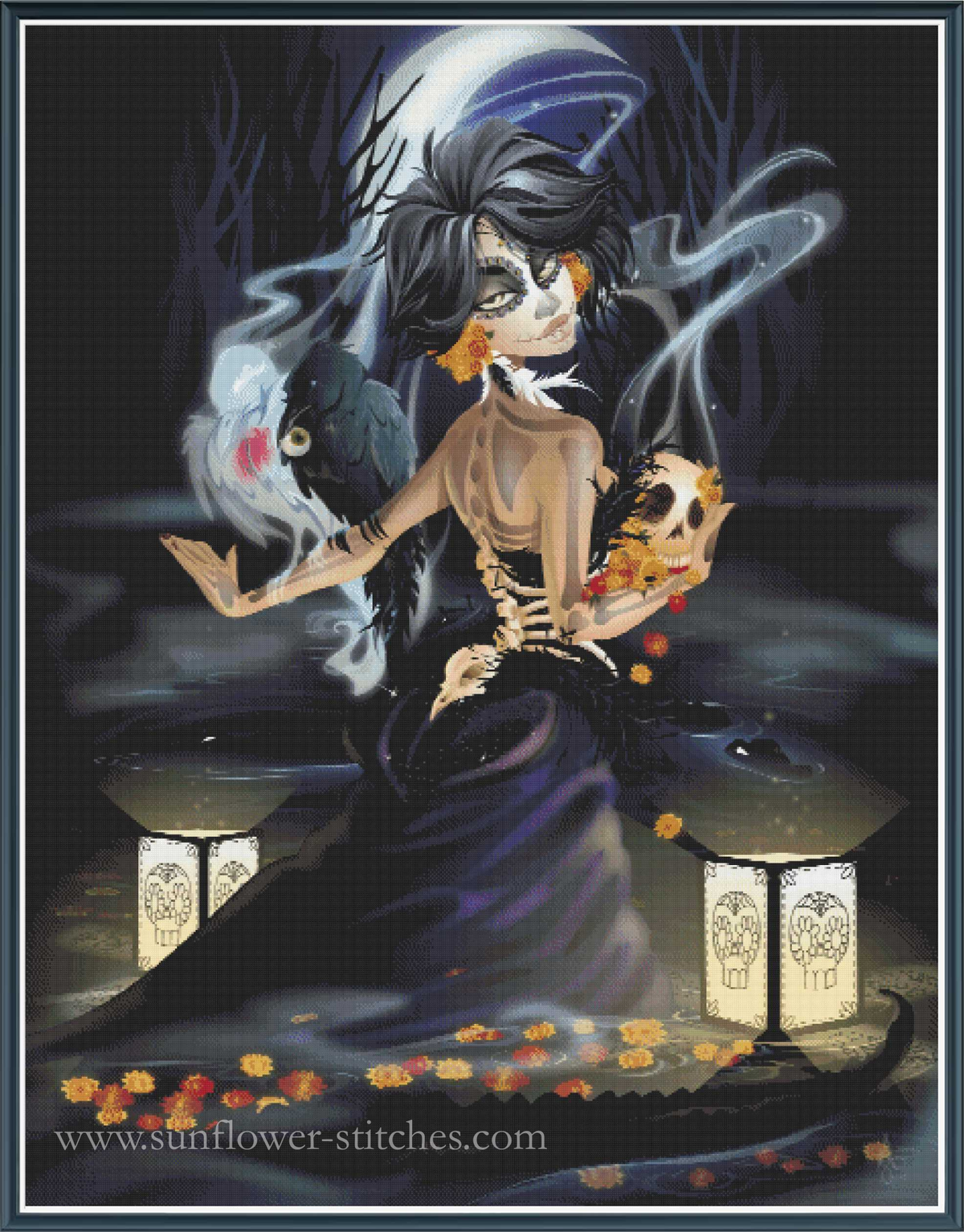 Gothic fantasy cross stitch design featuring a skeletal woman in a dark gown holding a skull, accompanied by a raven and glowing lanterns, with a large full moon in the background. The image has a white border and the text 'www.