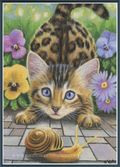 A colorful cross stitch design featuring a curious kitten with blue eyes looking at a small snail on a stone path, surrounded by purple and yellow flowers. 