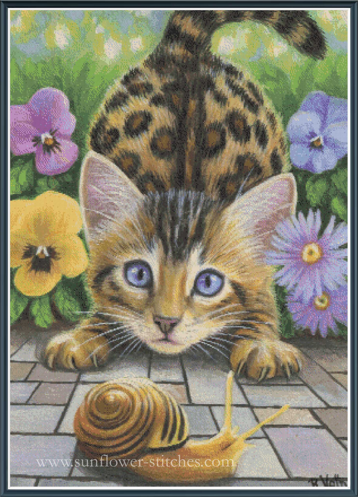 A colorful cross stitch design featuring a curious kitten with blue eyes looking at a small snail on a stone path, surrounded by purple and yellow flowers. 
