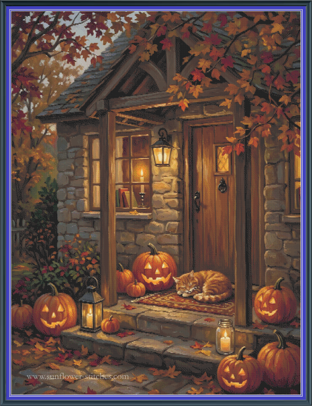 A cross stitch mock-up depicting a cozy autumn cottage porch decorated with carved pumpkins, lanterns, and a sleeping cat under falling leaves. The scene is framed by a blue border, and a website watermark appears at the bottom. 
