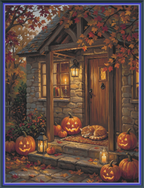 A cross stitch mock-up depicting a cozy autumn cottage porch decorated with carved pumpkins, lanterns, and a sleeping cat under falling leaves. The scene is framed by a blue border, and a website watermark appears at the bottom. 