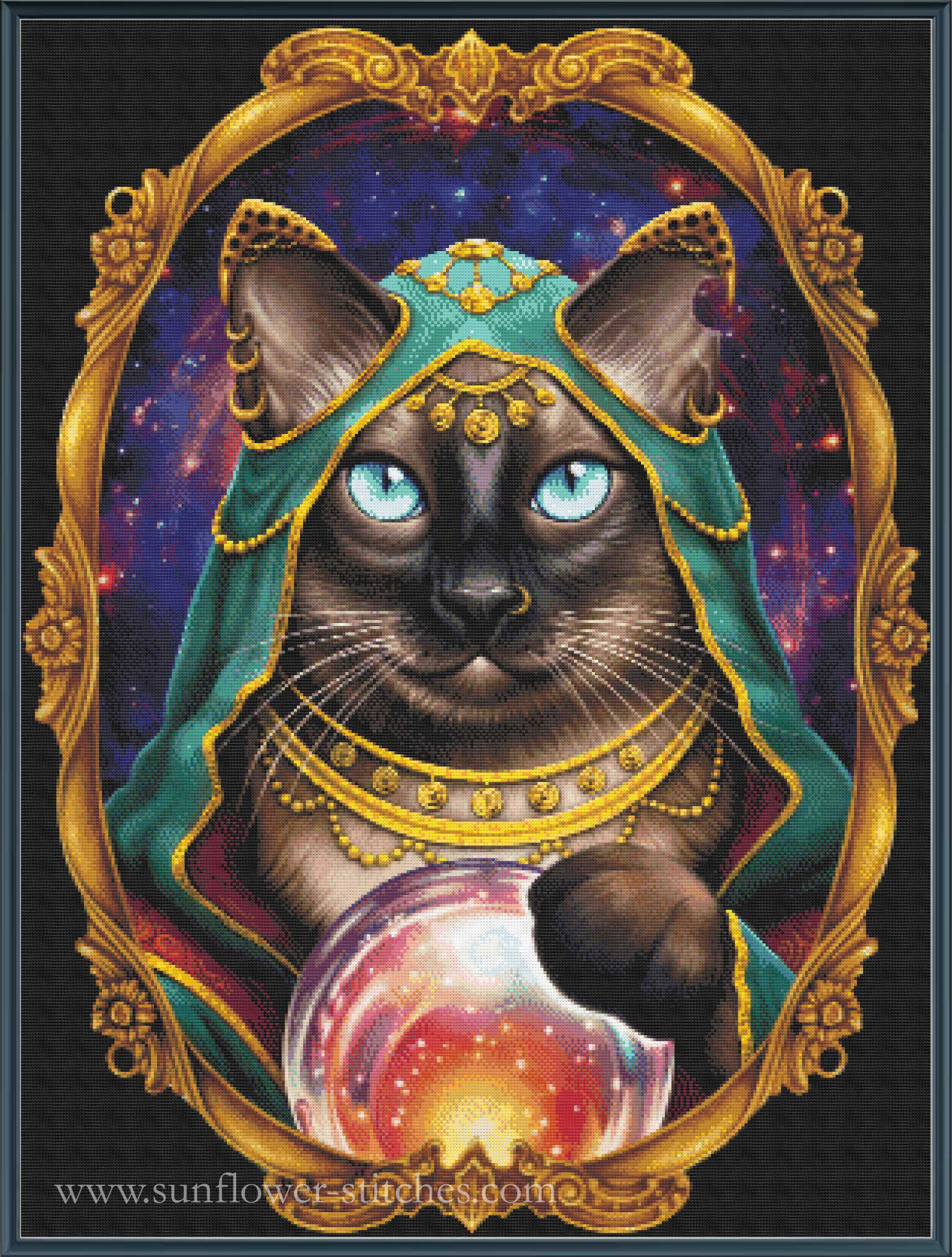 A cross stitch design featuring a dark cat with bright blue eyes wearing a teal and gold hood, holding a glowing crystal ball against a starry cosmic background, all framed by an ornate gold border. 