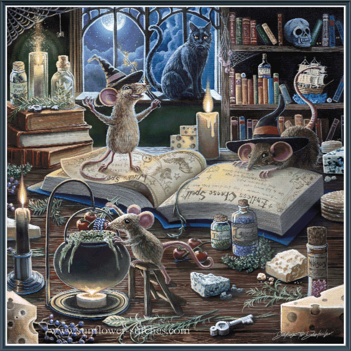 A detailed fantasy illustration featuring two small mice in witch hats around open spellbooks, with candles, potion bottles, a cauldron, books, a black cat by a window, and a moonlit night sky in the background.