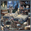 A detailed fantasy illustration showing three mice dressed as witches around an open spellbook, with candles, bottles, a cauldron, cheese, books, and a black cat in a moonlit room.