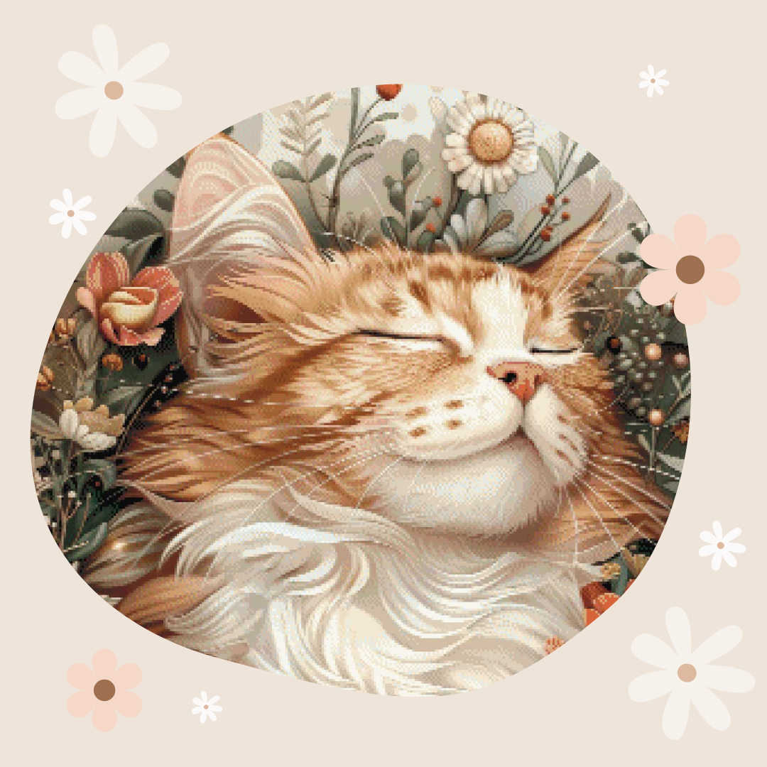 A stylized illustration of a fluffy orange-and-white cat with closed eyes, surrounded by flowers and greenery inside a circular frame on a beige background with scattered white and pink flowers.