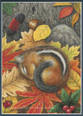 A cross stitch pattern cover featuring a sleeping chipmunk curled up among colourful autumn leaves, acorns, a tree trunk, and a rock. 