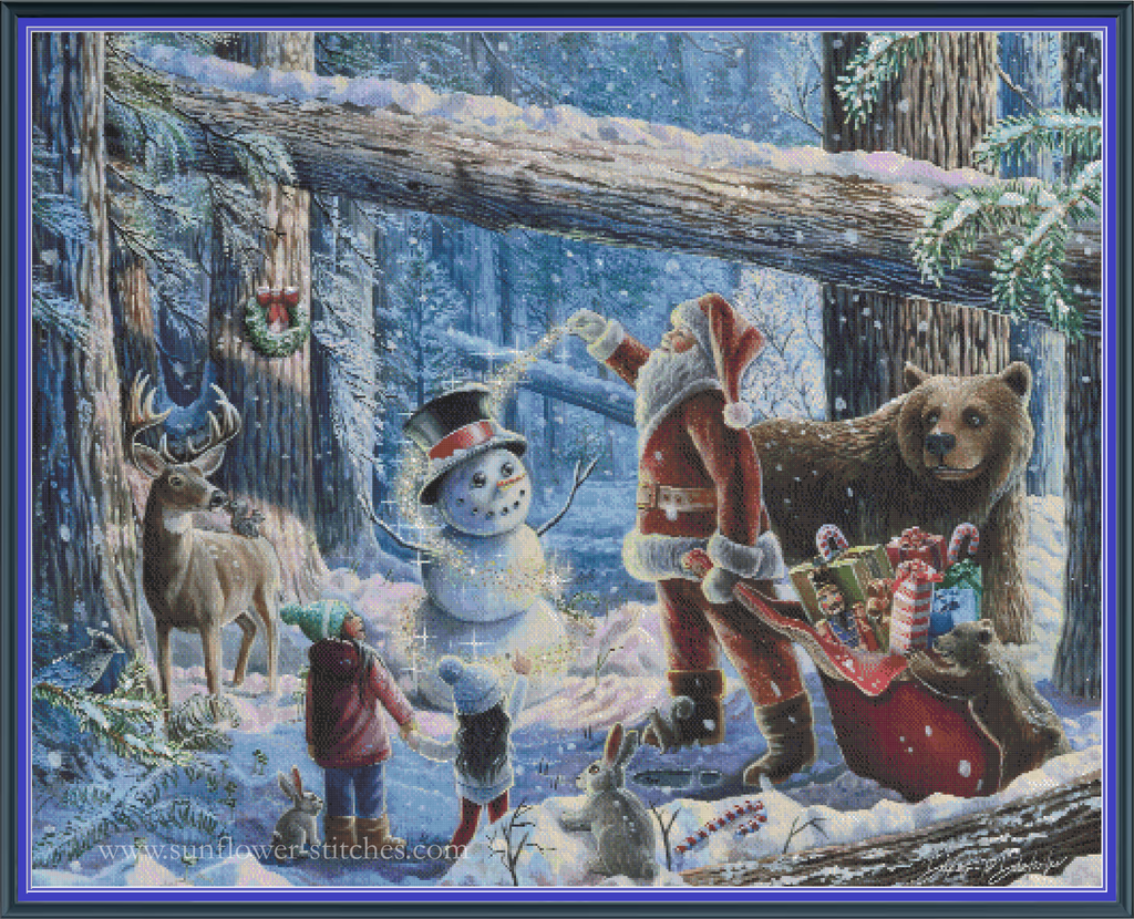 Frosty full coverage cross stitch pattern mockup featuring Santa Claus and children building a snowman in a winter forest with woodland animals by Dakota Daetwiler.