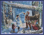 Frosty full coverage cross stitch pattern mockup featuring Santa Claus and children building a snowman in a winter forest with woodland animals by Dakota Daetwiler.