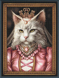 Stamped cross stitch kit depicting a stylized cat character dressed in a pink royal attire with a crown, framed in a golden frame.