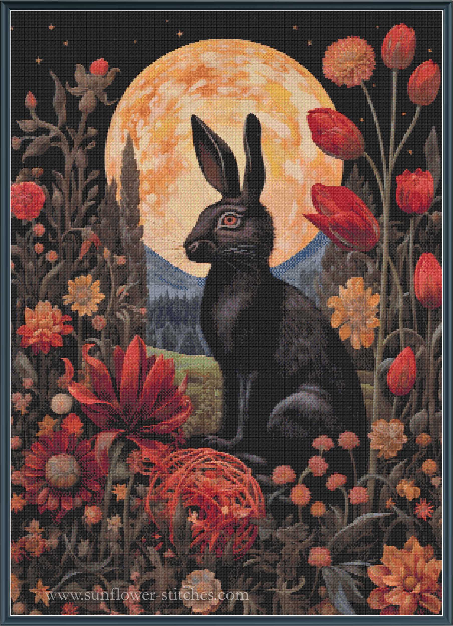 A  cross stitch design featuring a black rabbit sitting in front of a large glowing orange moon, surrounded by red and orange flowers on a dark background. The bottom edge shows the website watermark 'www.