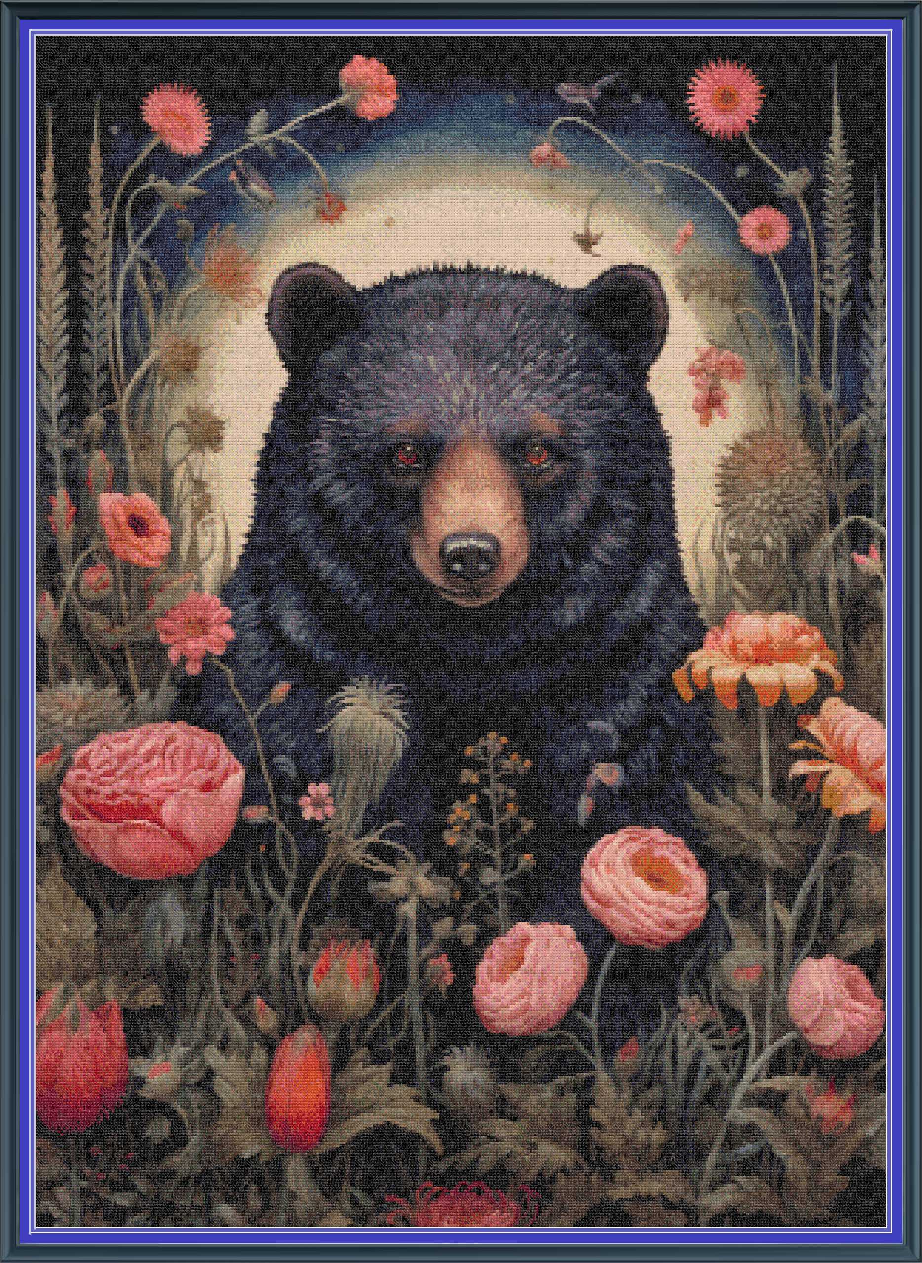 A square art print or textile design featuring a black bear surrounded by pink and red flowers in a dark, dreamy landscape with a pale moon-like circle behind it, bordered by a blue frame.