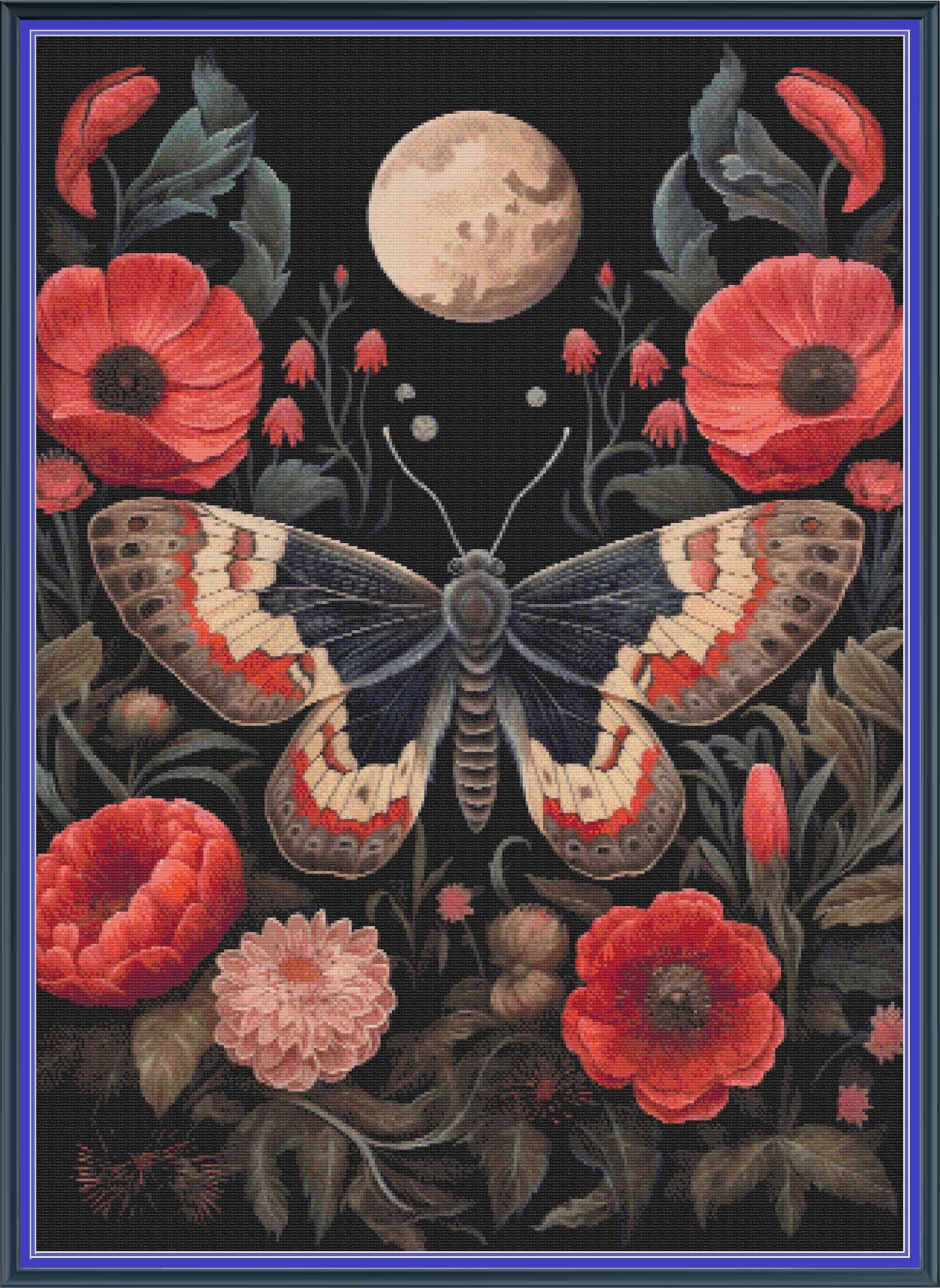 A square decorative artwork featuring a large patterned butterfly centered over red poppy flowers and dark foliage, with a pale moon on a black background. The piece is framed by a blue border.