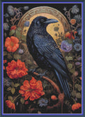 A decorative art print or textile design featuring a large black raven perched among vivid orange-red flowers and green leaves, with a pale yellow oval background and ornate border details.