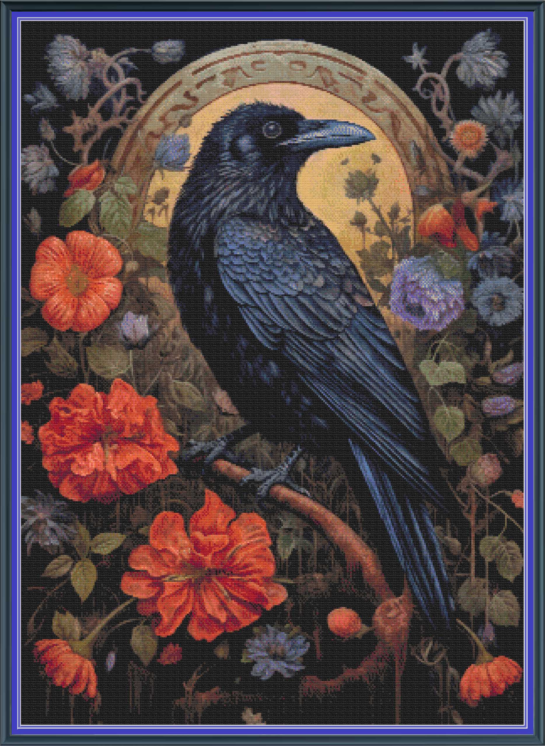A decorative art print or textile design featuring a large black raven perched among vivid orange-red flowers and green leaves, with a pale yellow oval background and ornate border details.