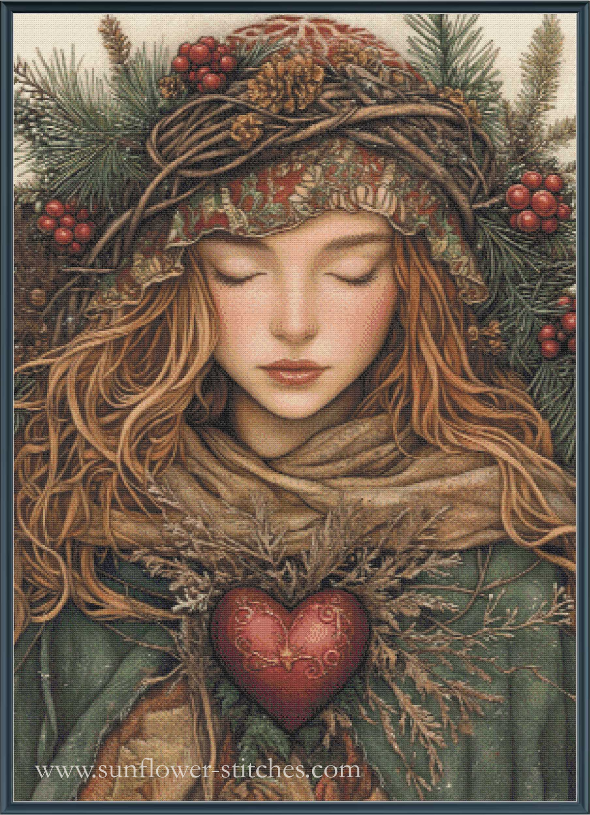 A detailed cross-stitch pattern featuring a woman with closed eyes, wearing a winter wreath hat and scarf, holding a red heart,