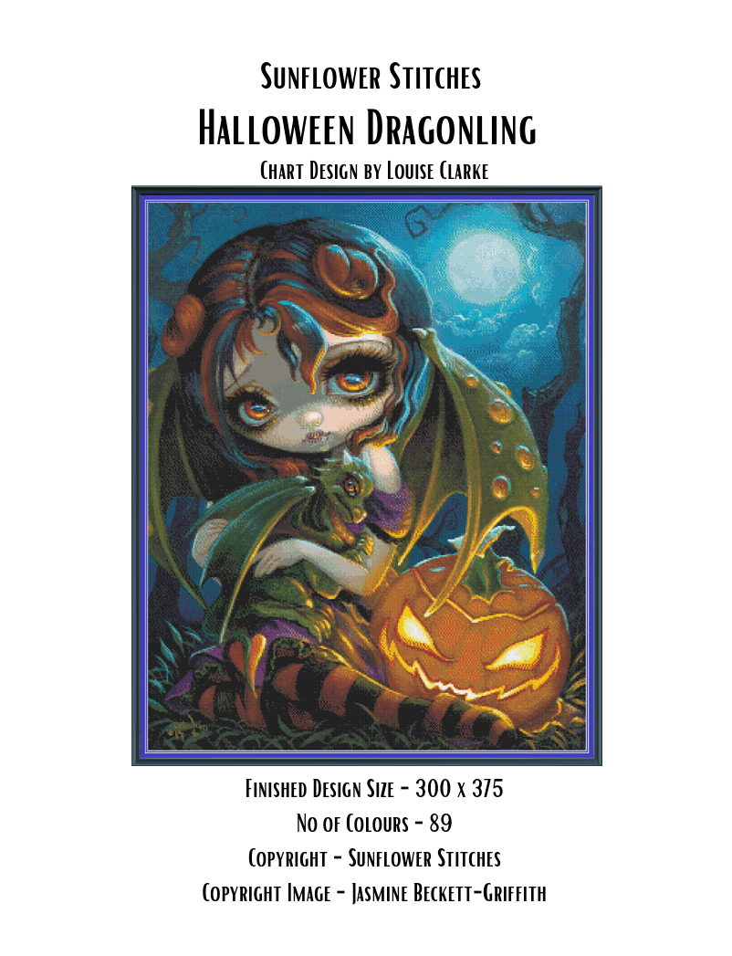 Halloween Dragonling PDF chart cover showing the fairy and dragon artwork, 300×375 stitch dimensions and 89 colours.