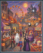 A detailed, colorful Halloween-themed full coverage cross stitch showing a cobblestone street fair with a ferris wheel, haunted house, glowing moon, pumpkins, carnival games, and characters in costume. 