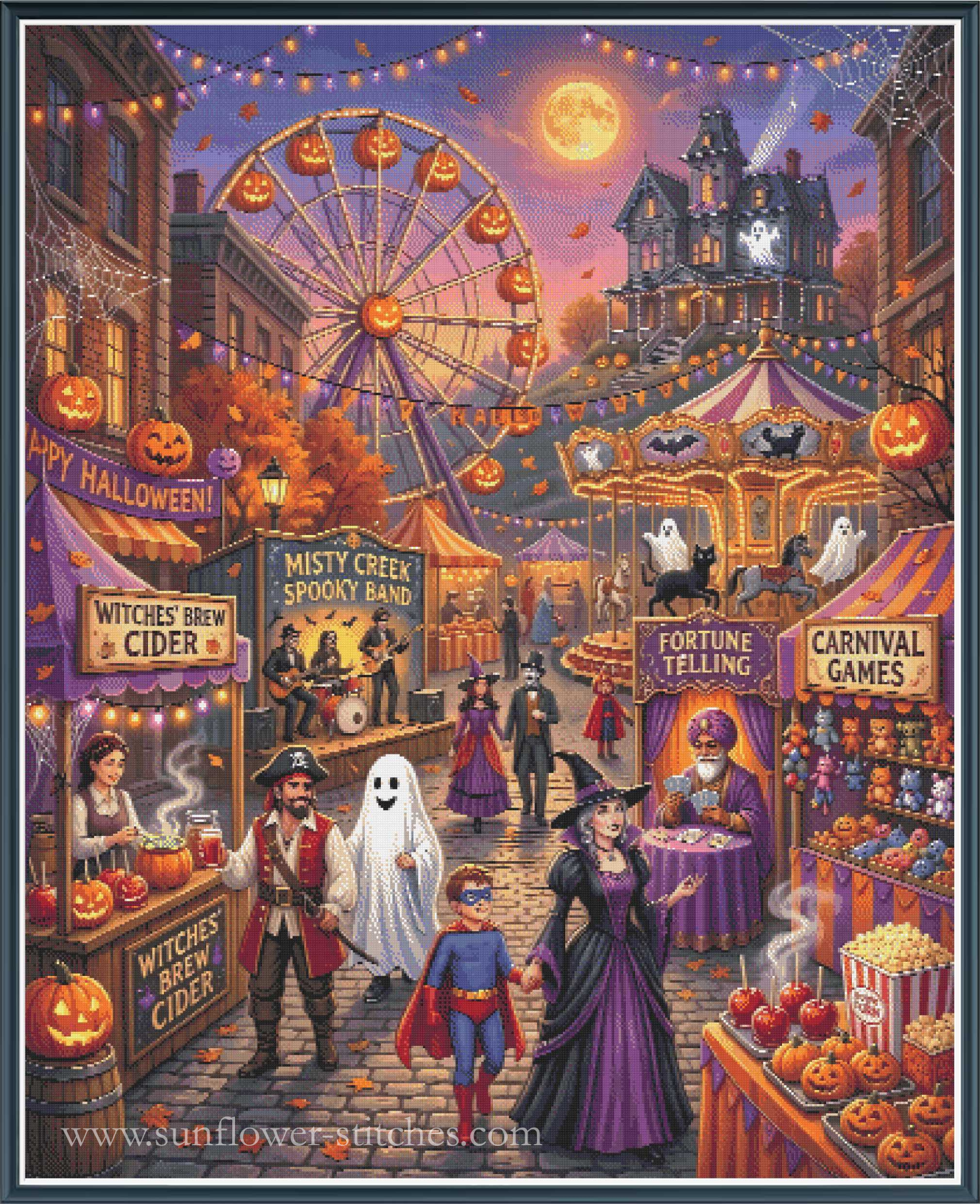 A detailed, colorful Halloween-themed full coverage cross stitch showing a cobblestone street fair with a ferris wheel, haunted house, glowing moon, pumpkins, carnival games, and characters in costume. 