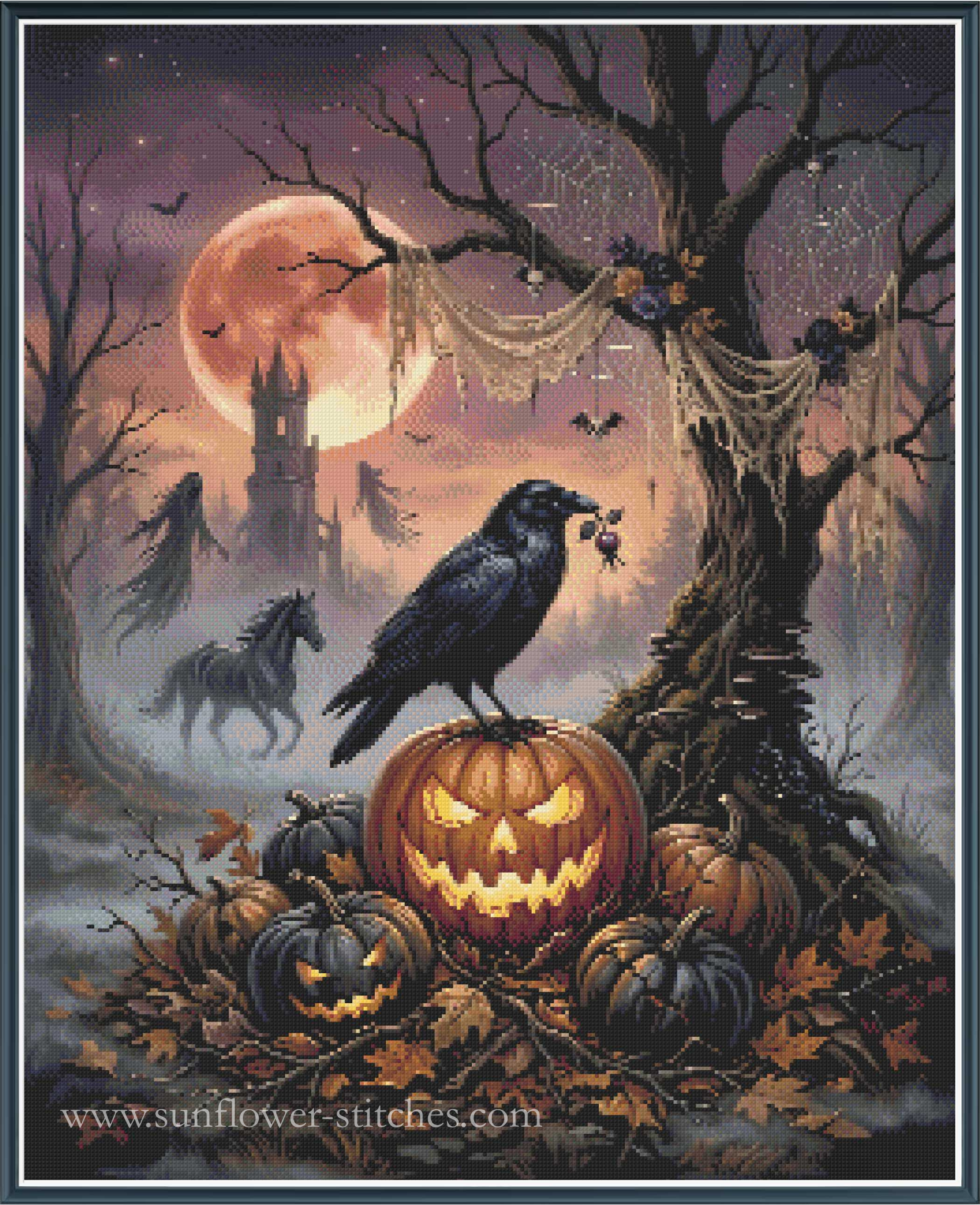 Halloween-themed cross stitch design featuring a black raven perched on a carved jack-o'-lantern pumpkin, surrounded by other pumpkins, bare trees, cobwebs, a full moon, and a haunted house in the background.