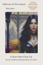 A stitch kit cover or color chart preview for 'Halloween In Town Square' by Tabz Jones, featuring a pixelated mosaic portrait of a woman with long dark hair on a beige background with text and a floral logo.