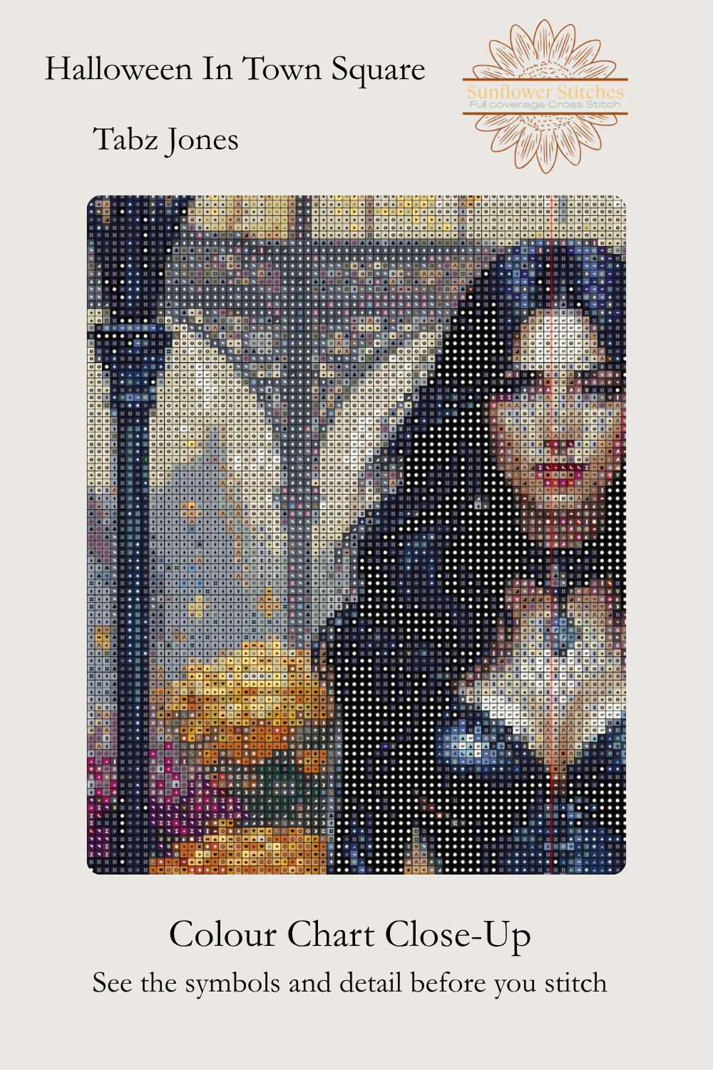 A stitch kit cover or color chart preview for 'Halloween In Town Square' by Tabz Jones, featuring a pixelated mosaic portrait of a woman with long dark hair on a beige background with text and a floral logo.