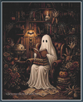 A vintage-style Halloween full coverage cross stitch showing a ghost in a white sheet sitting in a dark armchair and reading a book, surrounded by pumpkins, flowers, shelves, and candles in a cozy, spooky room.